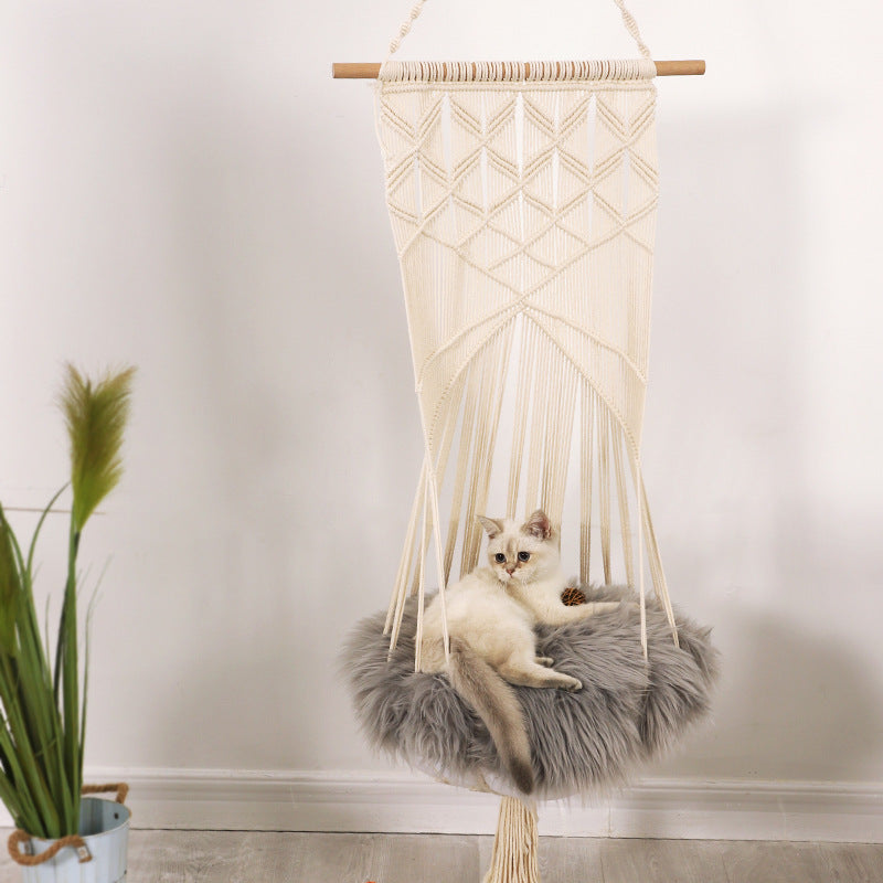 Hand-Woven cat Hanging Basket Swing, Pet cat Flower Mesh Basket Cage Hanging Nest Swing Bed Hammock Toy Washable, All Seasons - partest.com