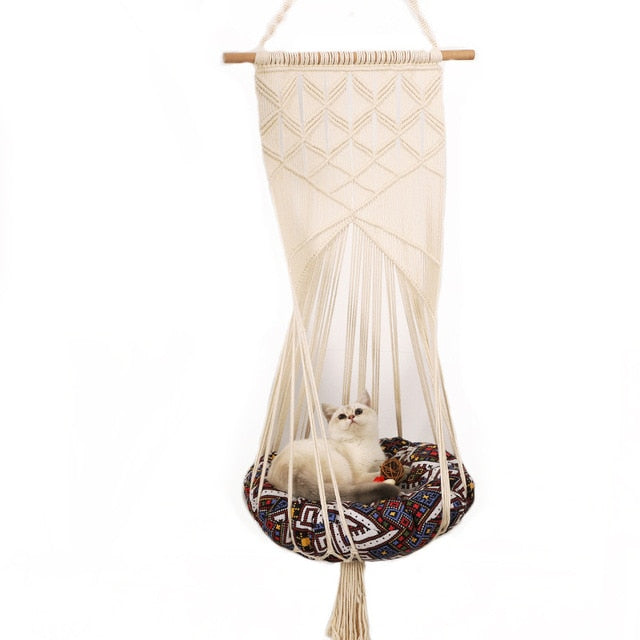 Hand-Woven cat Hanging Basket Swing, Pet cat Flower Mesh Basket Cage Hanging Nest Swing Bed Hammock Toy Washable, All Seasons - partest.com