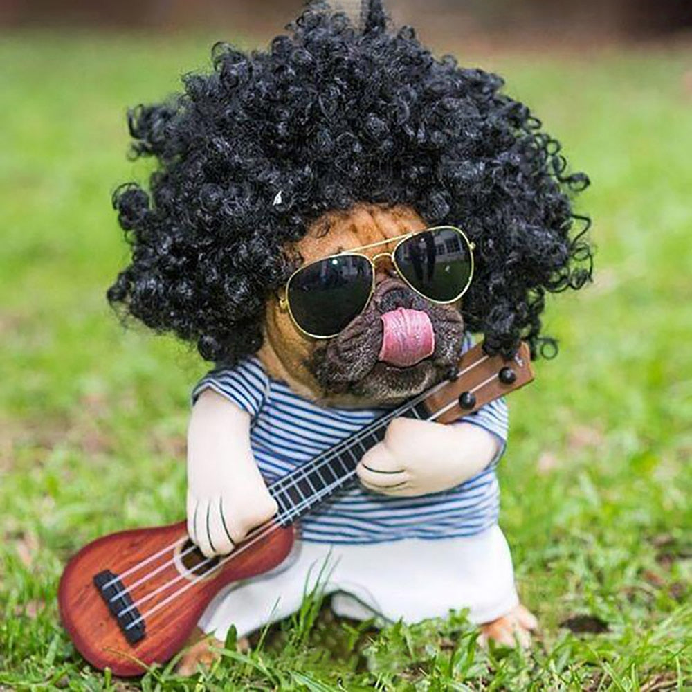 Funny Pet Guitar Player Cosplay Dog Costume Guitarist Dressing Up Party Xmas Halloween New Year Clothes for Dog Cats Plus Wig - partest.com